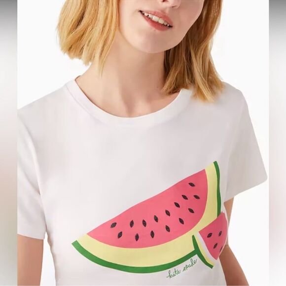 kate spade XS & XL White Watermelon Slice Print Short Sleeve Crew Tee - Picture 3 of 9